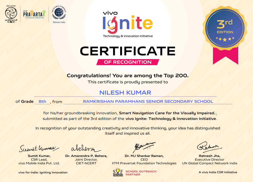 Nilesh Kumar Saini Vivo Ignite National Science Fair 2025 Top 10 Finalist certificate 9th position